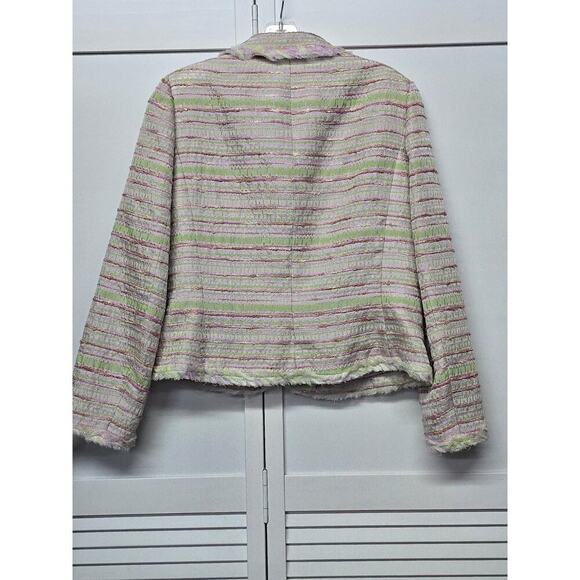 Rickie Freeman Teri Jon Pretty Pink Green White Stripes Frayed Hem Beaded Size12 - Picture 7 of 8